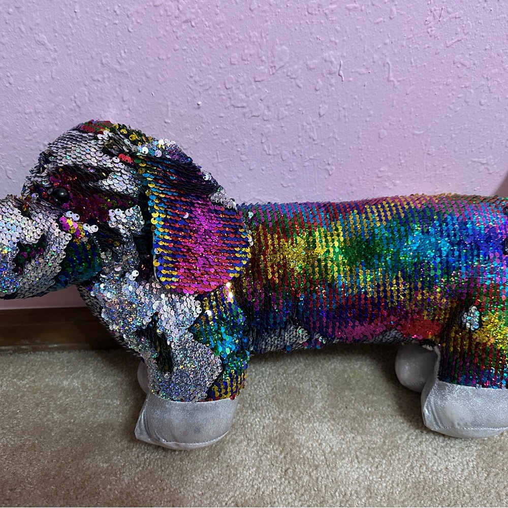 Dan Dee Rainbow/Silver Sequin Dachshund Dog Plush 21” Flip Sequins Weiner